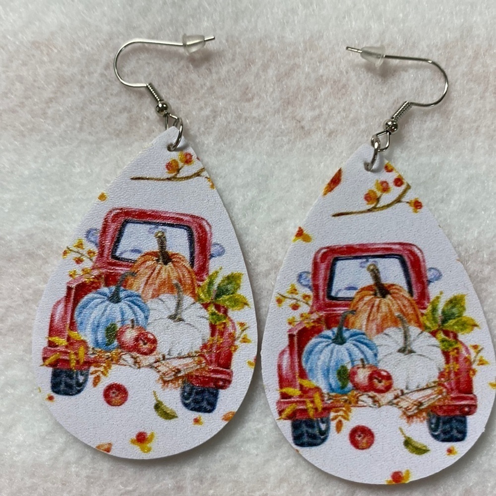 Faux Leather Teardrop Truck with Pumpkins Earrings Print both sides (CO)